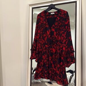 Parker Red and Black Bell Sleeve V-Neck dress